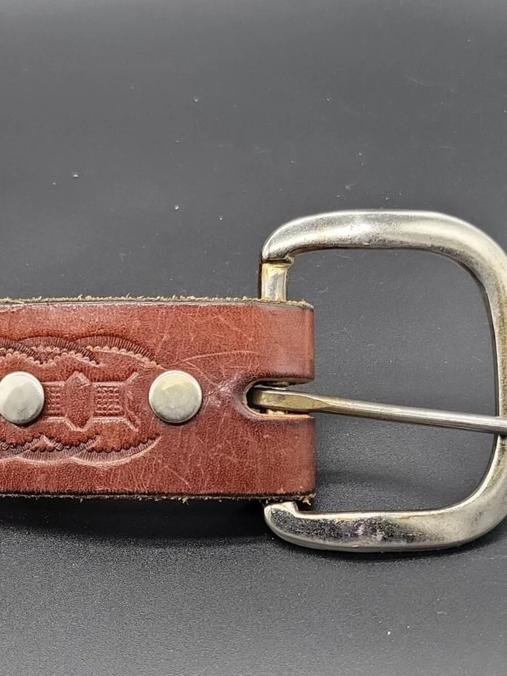 Men's Brown leather Geometric Emboss Dress Belt Adjustable Silver Buckle 52 1.5